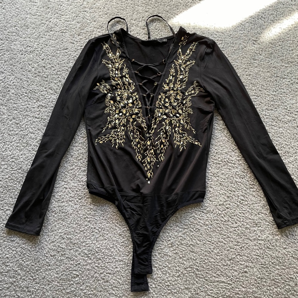 NWOT Black and gold beaded lace up bodysuit
